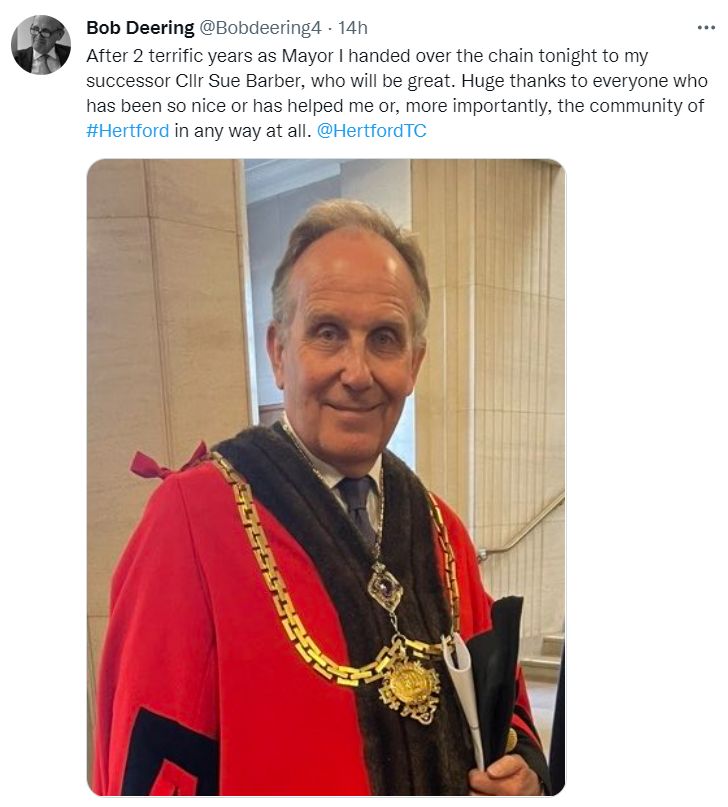 Screengrab of Twitter post by Cllr. Bob Deering